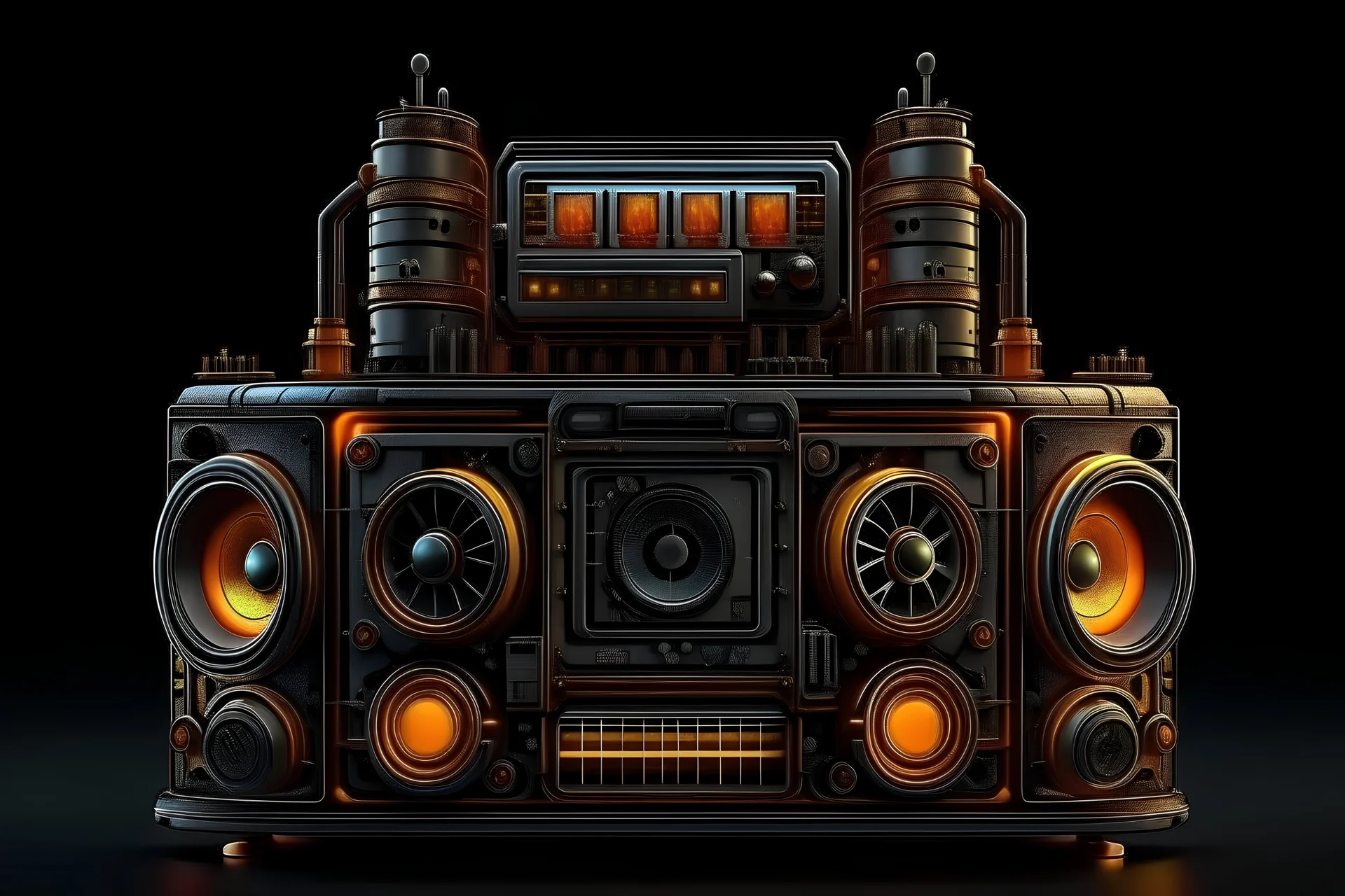 frontal view realistic steampunk space ghettoblaster - dark background and neon lights
