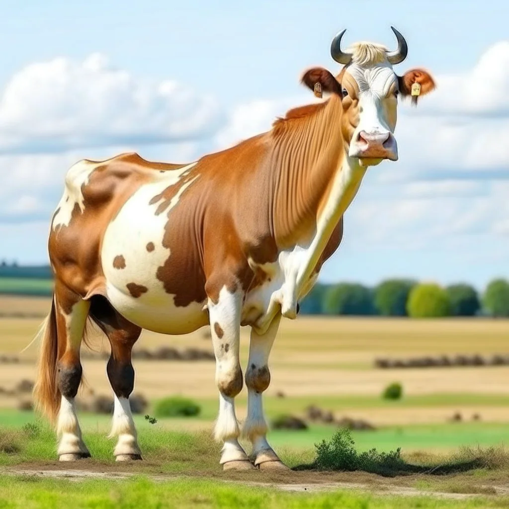 a horse is standing on a cow