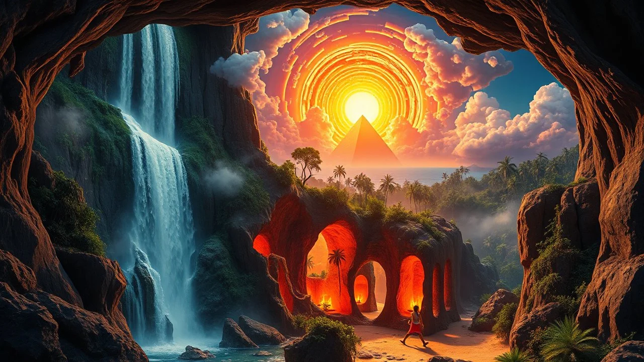 the waterfall is full of holes with various jungle flowing spiral cloud neon colorful Unique open cliff burning ripped surrealistic artwork with shiny shackled by cliff and sea island, while holding a waterfall doing pulling, the open cavity inside the body is a scene of an ancient Egyptian painting in the Gesang desert 5D diorama, with seven open panels on the revealing a forest with a thousand shadows, giving a triple exposure effect on a Balinese girl and her neck cavity, with a background in