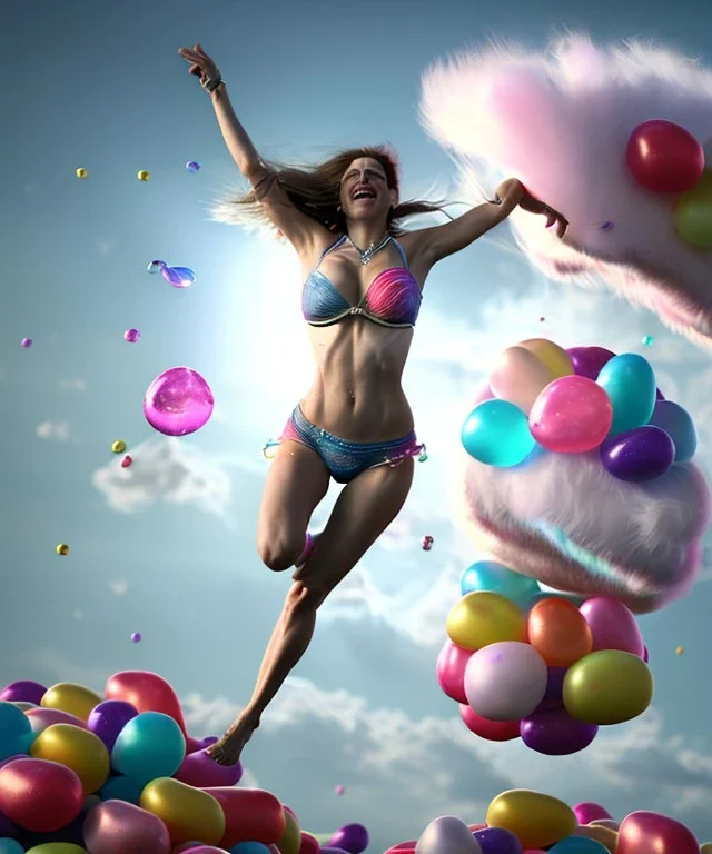 Ultra realistic speed clouds sky scene, wide angle view, sweet women falling down, feather inflatable color clothing, free jumping flying, many trinkets, hair monster, many jelly beans, balls, color smoke, smile, happy, circus style, extreme, wind, clouds sea, 20,000 feet altitude, stratosphere, soft color, highly detailed, unreal engine 5, ray tracing, RTX, lumen lighting, ultra detail, volumetric lighting, 3d, finely drawn, high definition, high resolution.