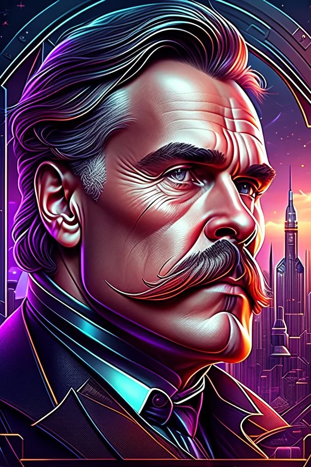 Best quality, masterpiece, ultra high definition,Futuristic, cyberpunk, Friedrich Nietzsche,Comic style