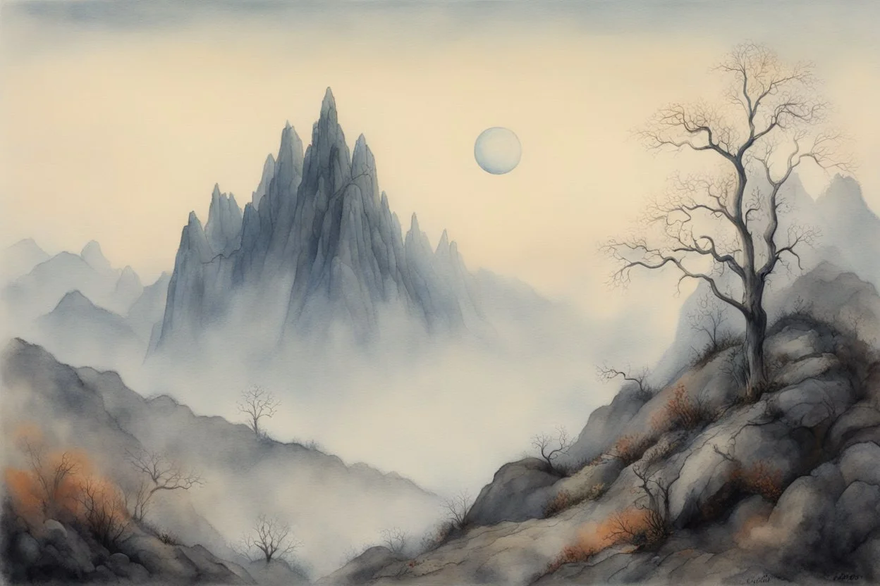 Artesonraju mountain, Sunrise on a misty morning. in the hieght of fall. Watercolour by Alison Brady. Pastel colours Arthur Rackham Gothic Watercolour Jean-Baptiste Monge Ernst Haeckel Minimalist Kay Sage watercolour art