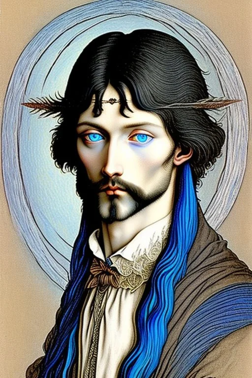 young black haired blue eyed wizard in the style of albrecht durer