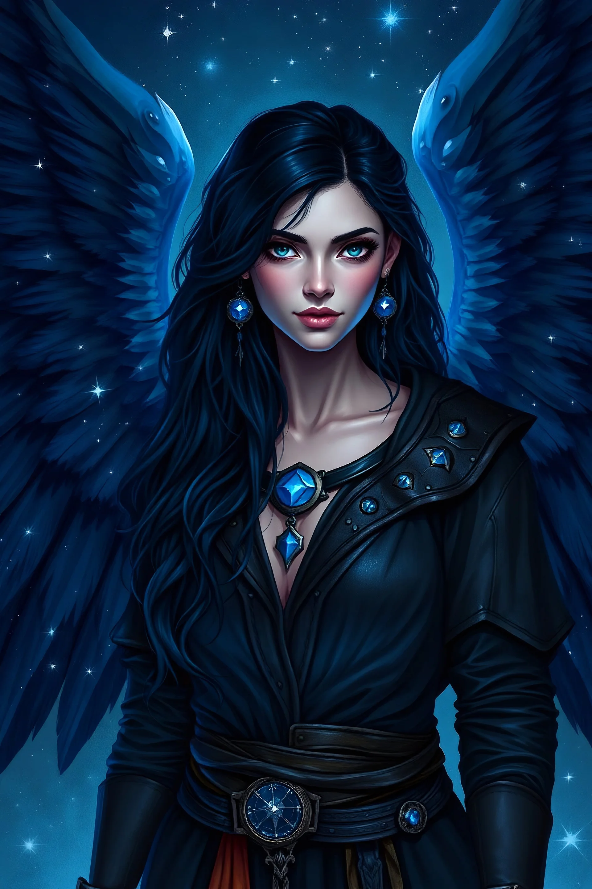 Circle of stars aasimar Druid with dark hair for a dnd campaign with dark large angel wings. The whole picture should be blue toned and she should have leather armor under robes. Her skin should be normal colored