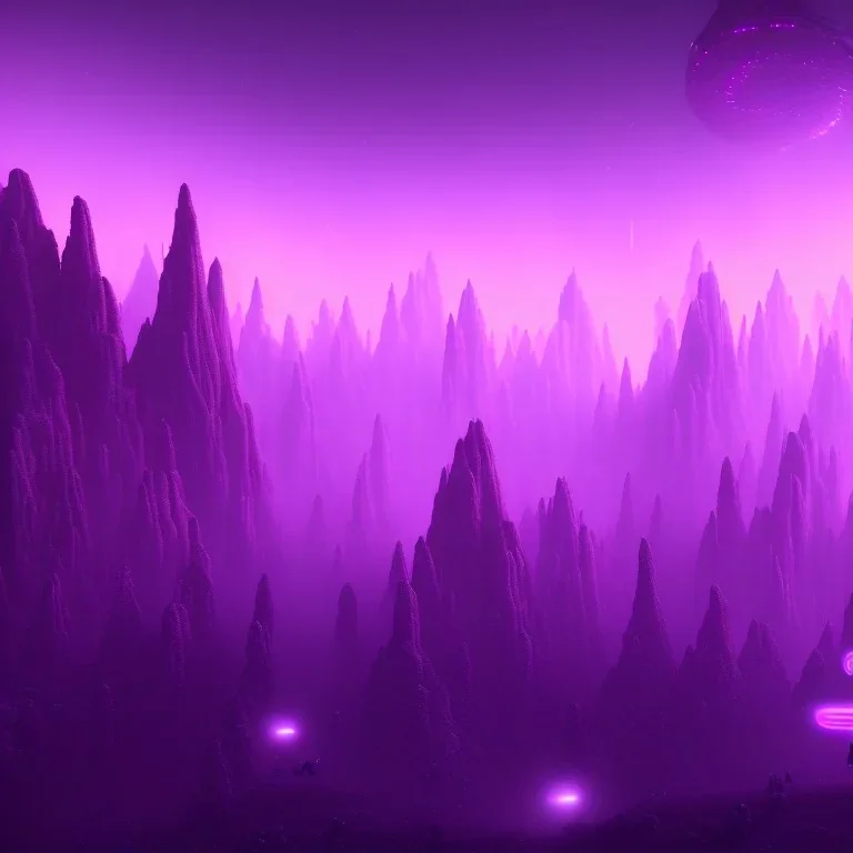 ALIENS FLOATING in the fog, FOGGY NIGHT, mountains, GLOWING, PURPLE, orange, pink, stars, TOWERS, 4K, 8K, CINEMATIC