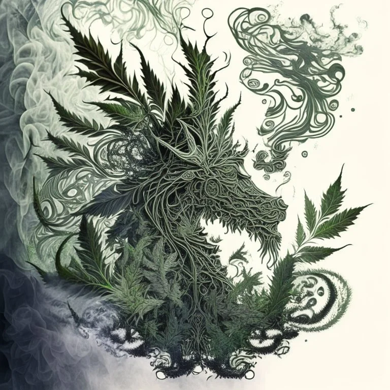 Sketch a composition where smoke transforms into a mythical creature, intertwining with intricate patterns formed by crushed weed leaves, creating a visually captivating and balanced artwork.