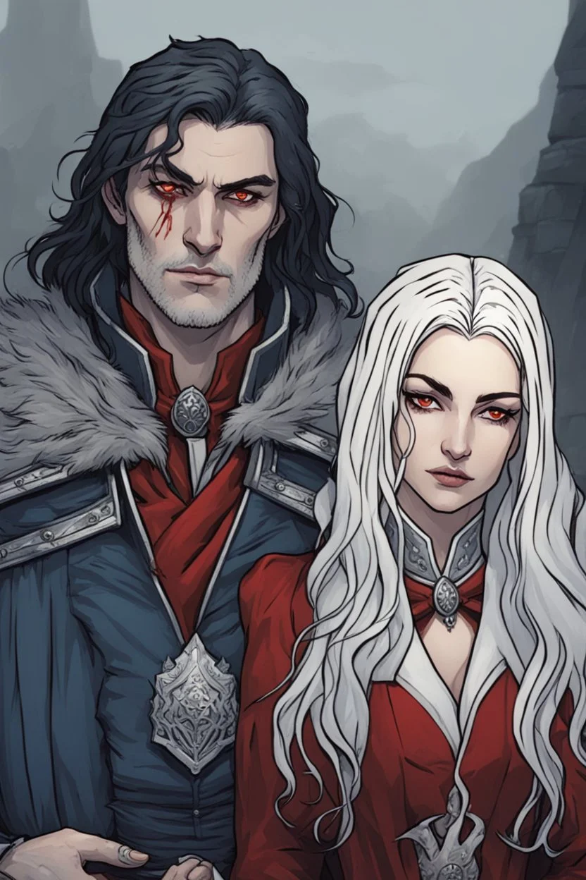 A couple, from the dnd game curse of Strahd. The woman has long white hair and blue eyes, the man has LONG BLACK hair and red eyes, no facial hair.