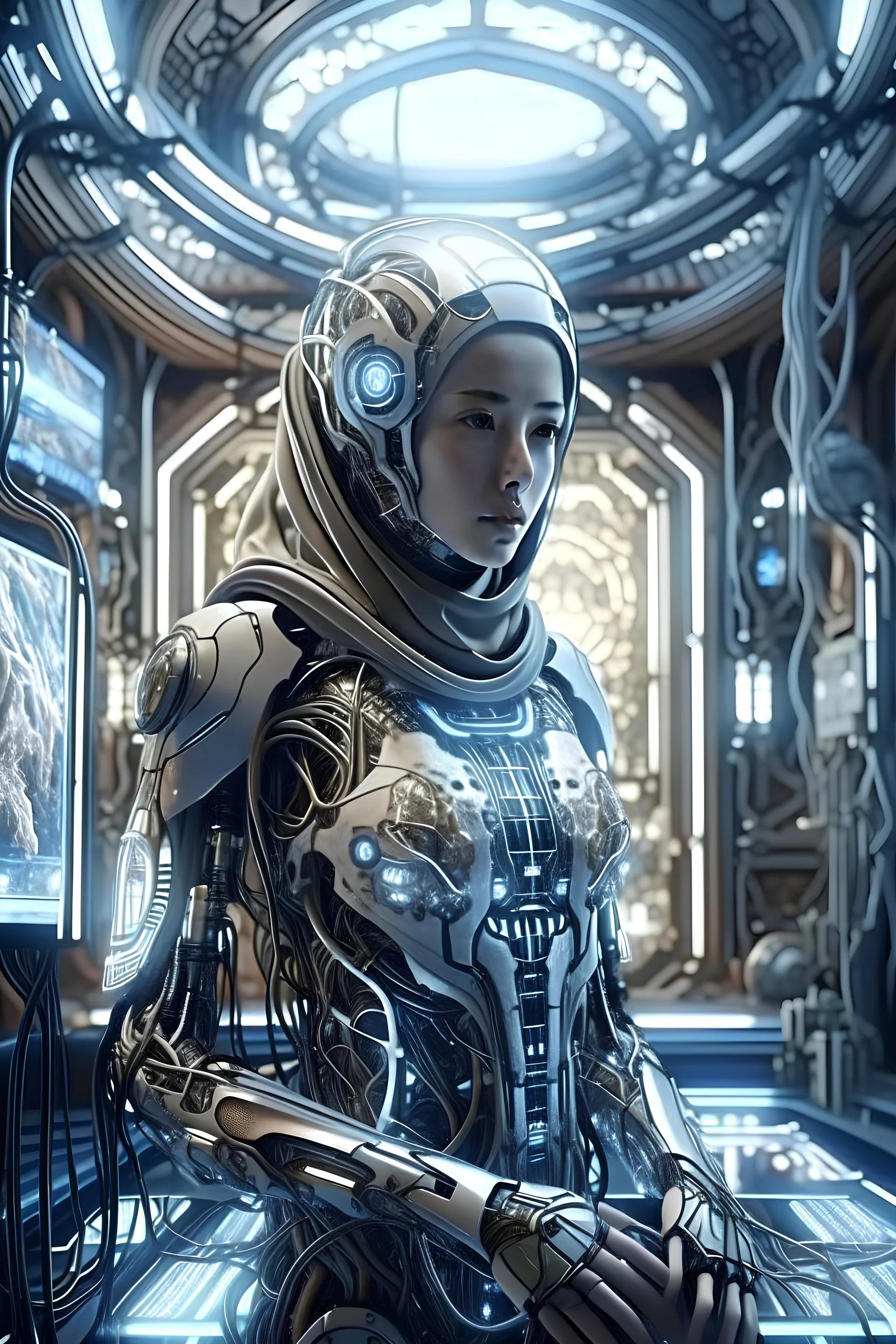 high quality, 8K Ultra HD, high detailed human-cyborg hybrid woman hijaber indonesia, full body, in the background is the interior of a spaceship,big window,cybernetic, cable electric led wires,light, microchip,anatomical,polished,porcelain,ultra detailed,ultra realistic,extremely realistic,intricate,epic composition,H.R. Giger style