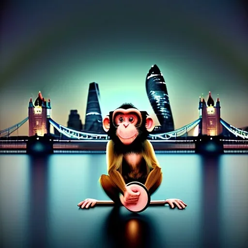 A monkey playing the drums, london skyline at night, in the style of Salvador Dali