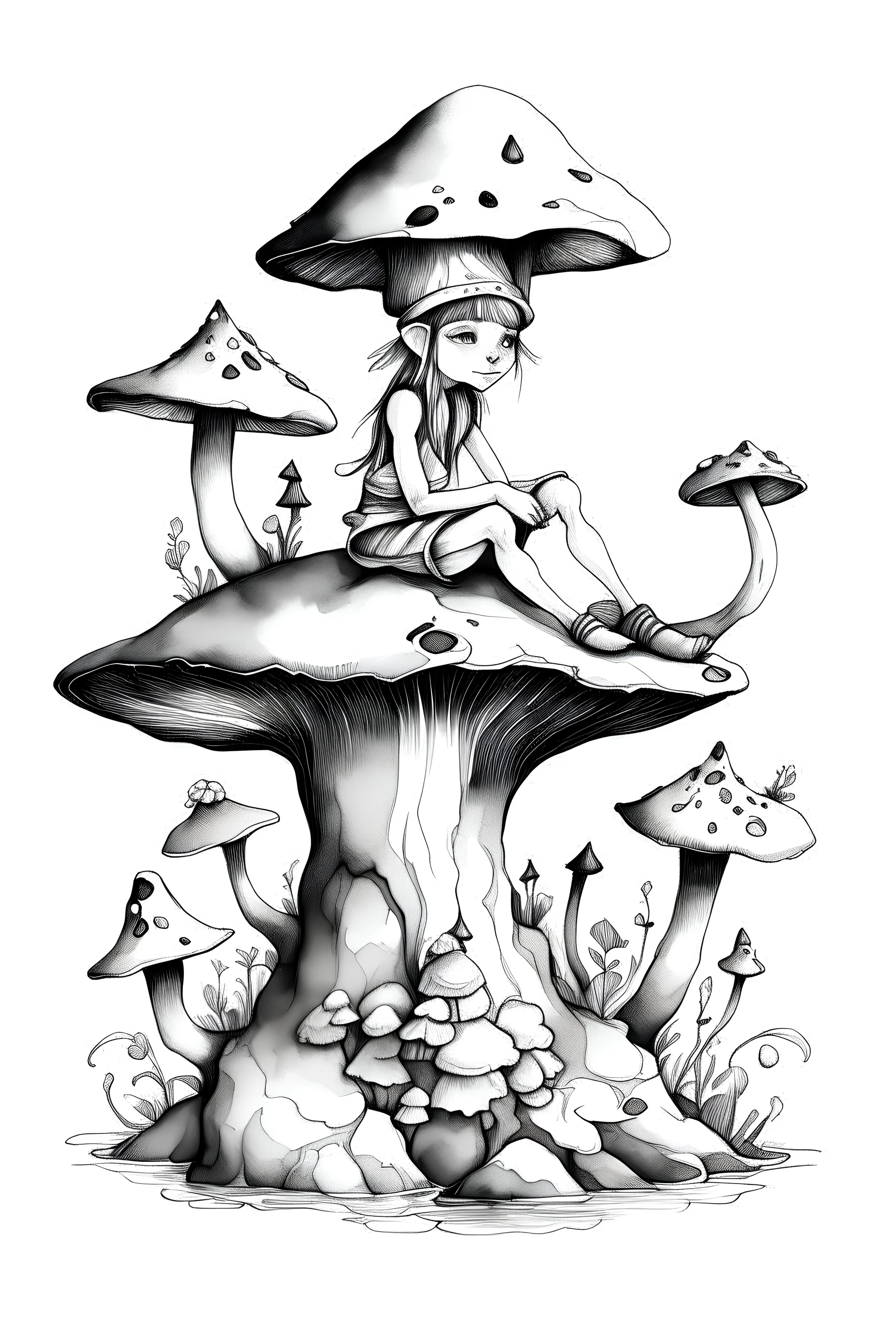 Watercolor black and white elf seated on a mushroom