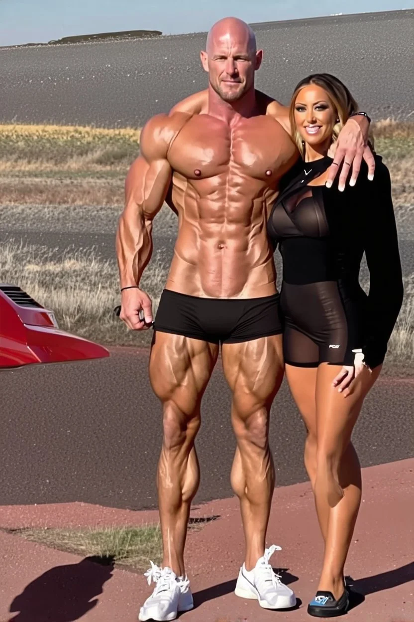 make a pic with bald bodybuilder Knut Spildrejorde from Norway and his fitness wife Jeanette, they are standing front of his new red car Chevrolet Camaro, very busy highway in sunny Texas in the background