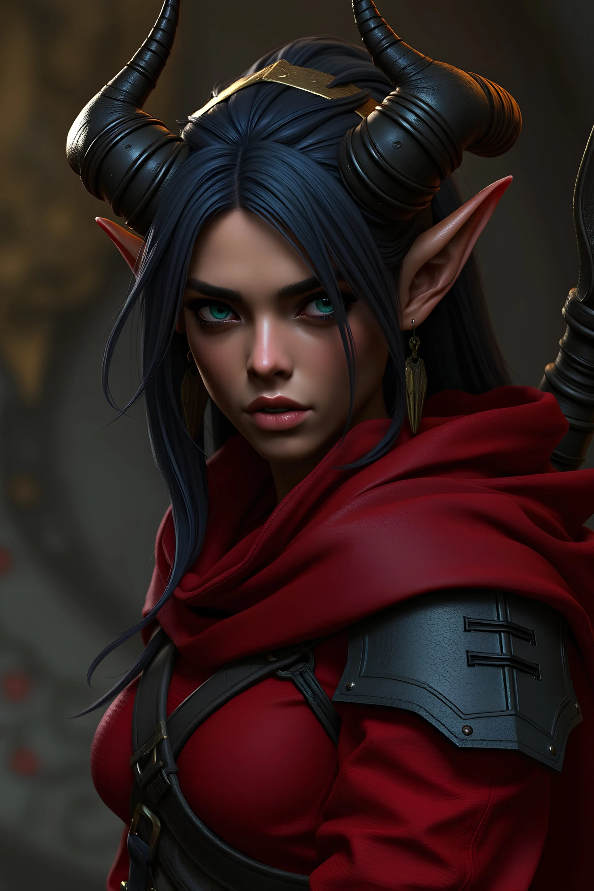 Adult tiefling,dnd art, 8k cgi, unreal engine 6, high detail, rogue, female, deepred skin tone ,