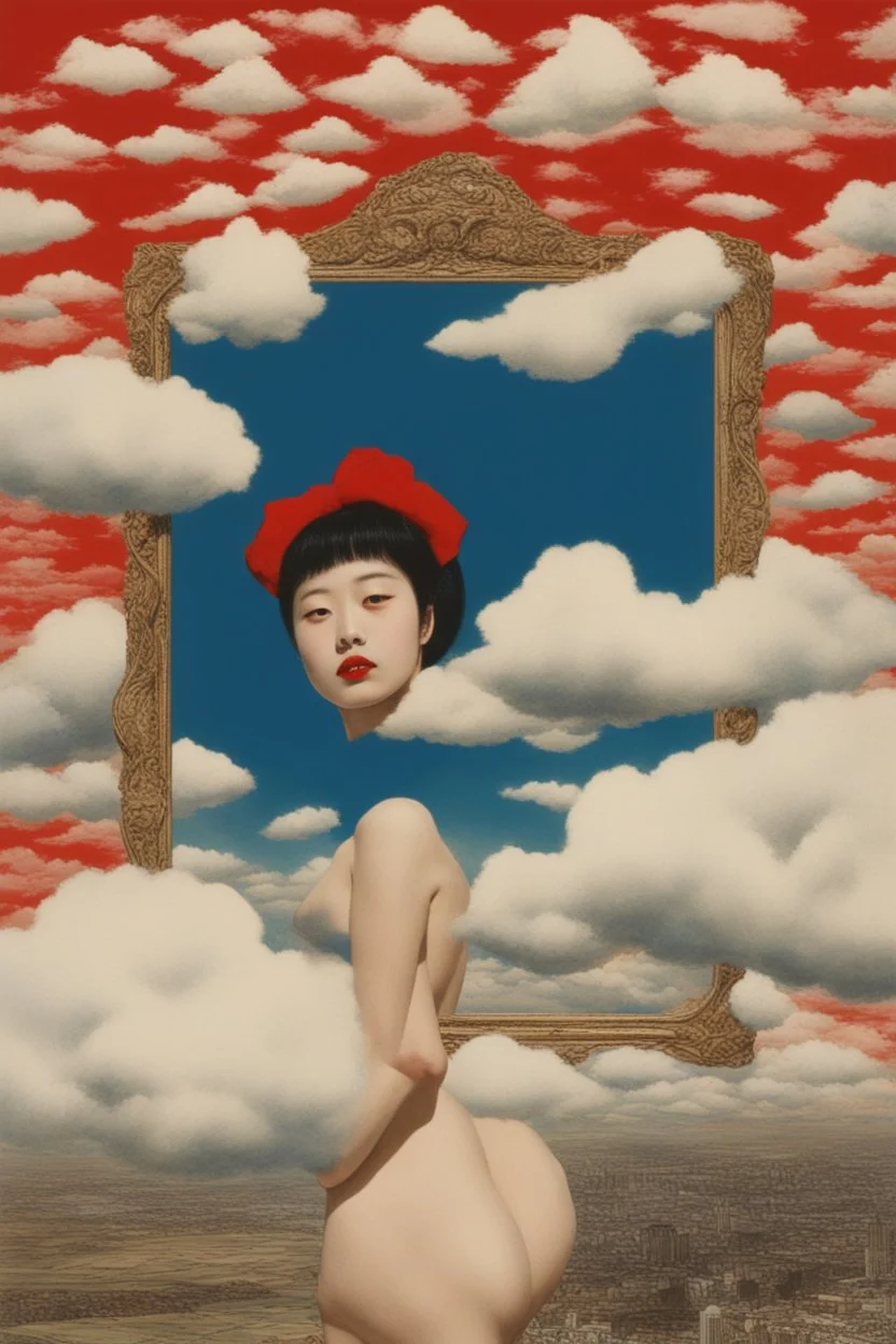 cloud in blue sky, a red lip, collage art, shuji terayama, dreamy objects, surreal, criterion collection, showa era, intricate details, mirror