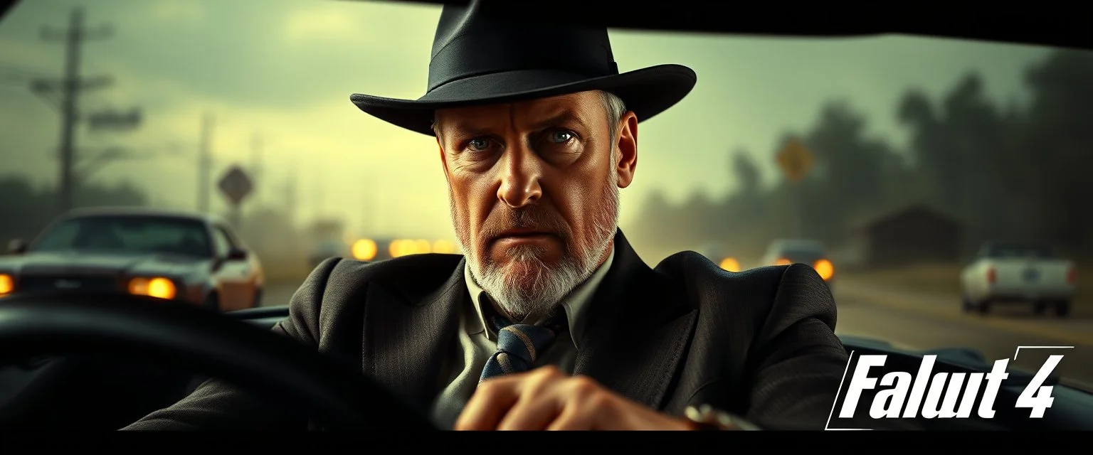 hill billy mafia boss In the style of Rembrandt and Fallout 4, in a fast car. Background blur. Movie poster. Wild look.