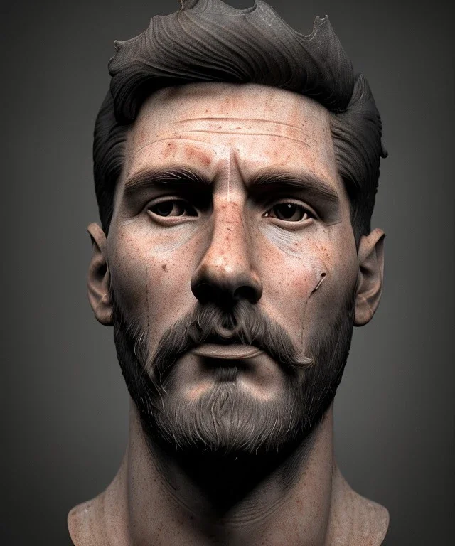 Gran angular, Realistic image, roman sculpture, marble deluxe material, Lionel Messi, gold Laurel leaves crown model, miguel angel style, chisel style, emperador, waist up portrait, cinematic lighting, God light, god rays, 4k resolution, smooth details, ornate details, soft lighting, unreal engine 5, soft cyan background.