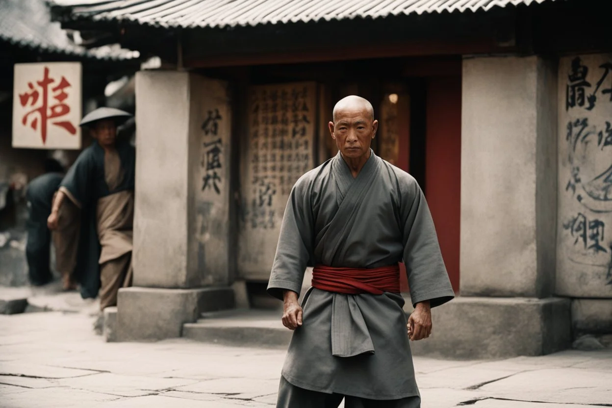 [very impressive high res masterpiece in Kodak Eastman 5247, bokeh scene by Stanley Kubrick] Ip Man Shaolin gangsta monk covered by tattoos waiting outside, on a stone doorstep, he menaces the camera
