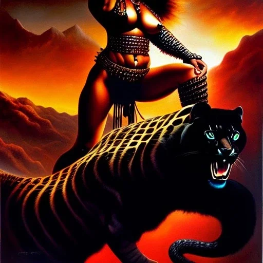 portrait oil on canvas,beautiful busty Female Warrior riding a Gigantic Panther, minimal armor,comic book cover, mystical colors,insanely detailed,realistic,intrincate detail,crystal clear eyes,perfectly drawn face, 16k resolution, masterpiece,Simon Bisley,Frank Frazetta,Alex Horley,ARTHUR ADAMS