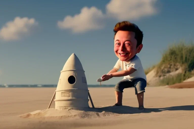 Elon musk as a Happy toddler building a rocketship out of sand on the beach