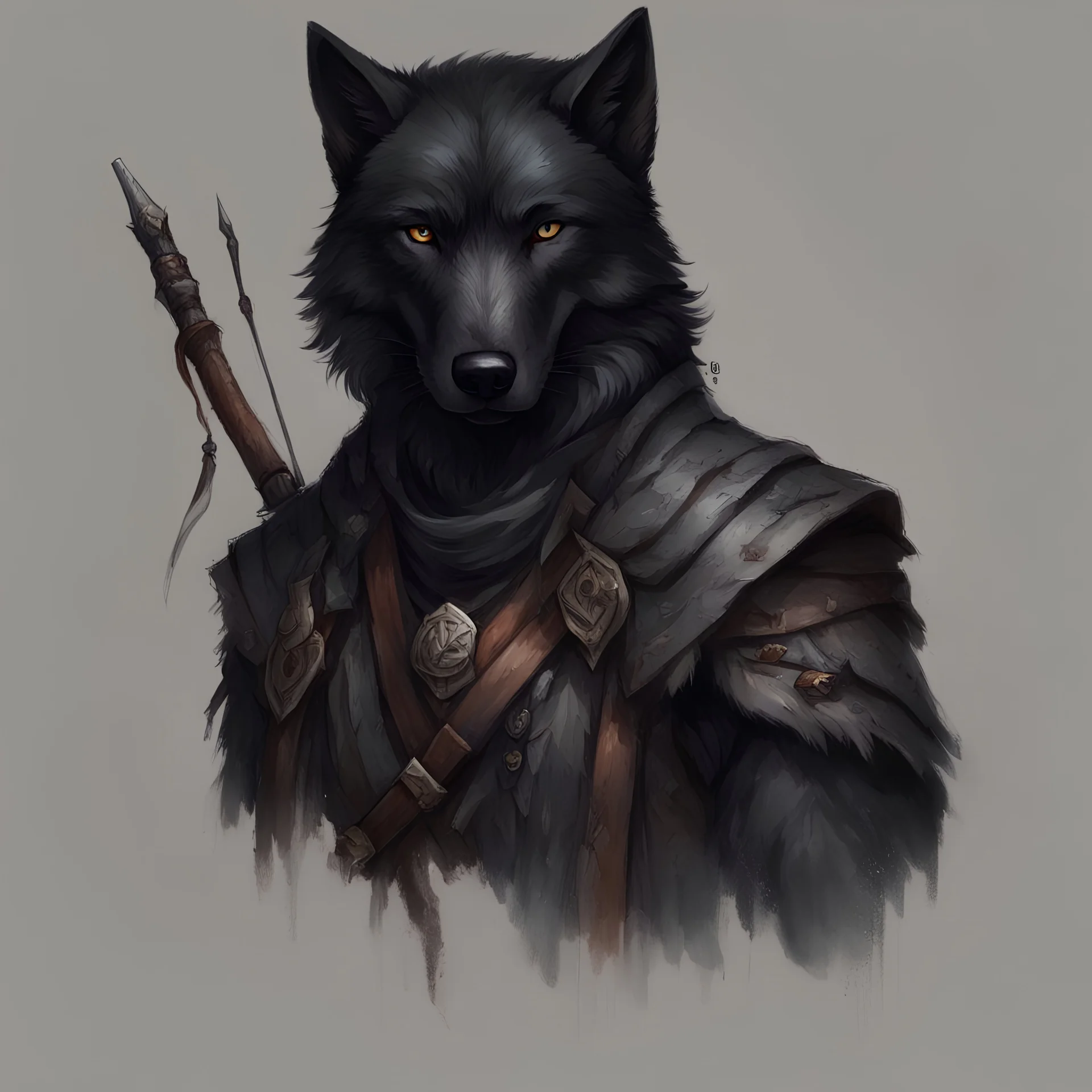 dnd, portrait of black wolf-human with bow