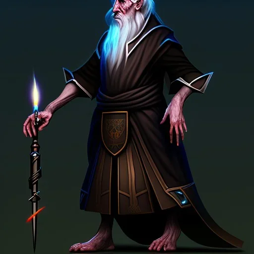 Old human wizard in dark robes in a dark cave covered in darkness