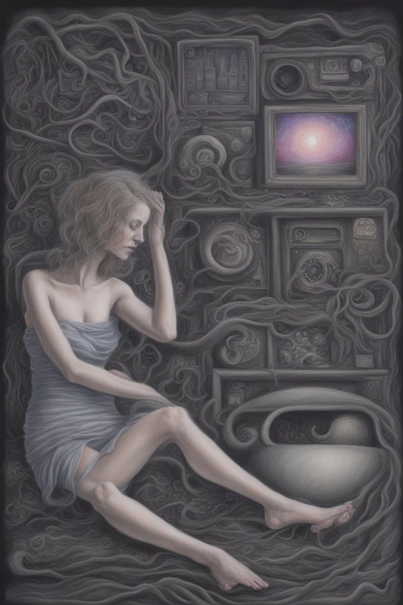 unsated lust and tech can lead to an untimely death; Surrealism; pastel pencils over black ink