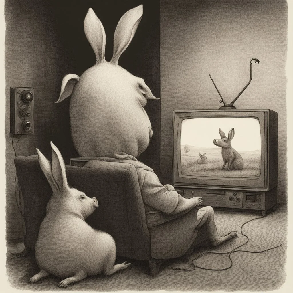 pig watching a tv about video game persona with a rabbit playing music beksinski style