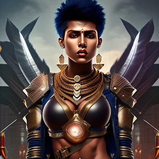 fantasy setting, woman, dark-skinned, indian, ranger, 23 years old, mohawk haircut, mohawk haircut, long hair