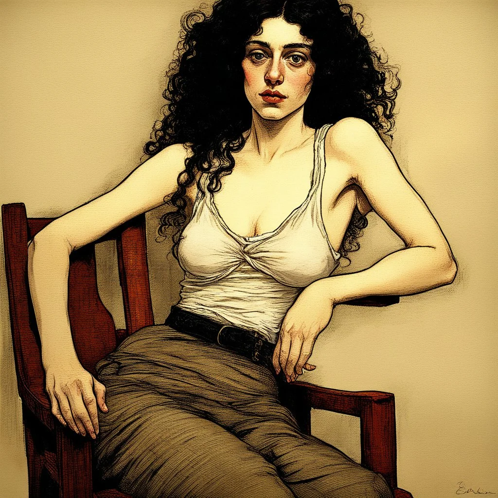 Breathtaking arab 30 years old woman with pale skin she is sitting on an old chair and has a tiny tanktop from the waist up, she has long black curly hair, petite figure, wide hips, prominent nose, thick lips, she has just been slapped around, by Egon Schiele, gustave dore, david mann, retro vintage style, hd photography, hyperrealism, graphite pencil drawing, realistic, natural, b&w illustration, fine art, beautiful watercolor painting, realistic, detailed, by olga shvartsur, svetlana novikova