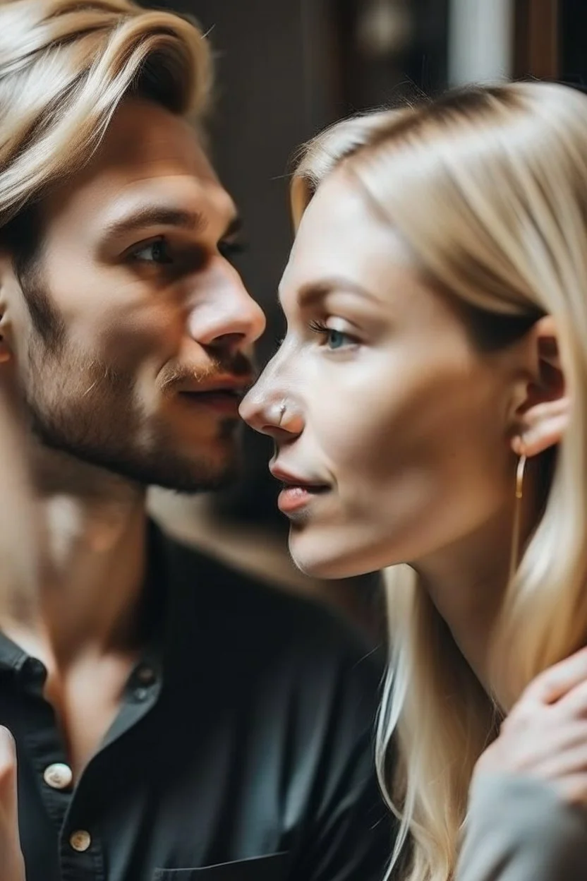 a blonde woman whispering next to a mans ear