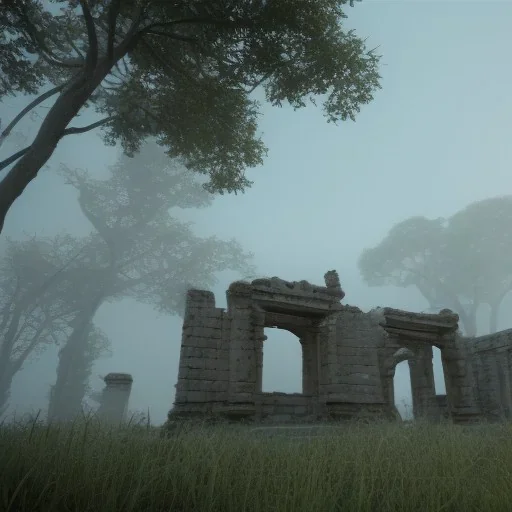 ancient ruins fog bottom lit