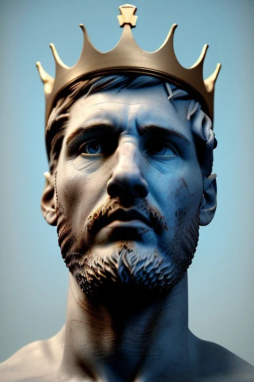 Ultra Realistic image, Roman sculpture, white marble material, Lionel Messi, gold crown of natural thorns, god crown, Renaissance style, sun rays background, waist up portrait, epic, celestial, cinematic lighting, God lights, 4k resolution, smooth details, soft lighting, unreal engine 5, art station, substance 3d.