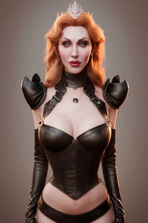 Brandi Love as evil queen in black leather, leather, busty, cleavage, angry, stern look. character design by cory loftis, fenghua zhong, ryohei hase, ismail inceoglu and ruan jia. unreal engine 5, artistic lighting, highly detailed, photorealistic, fantasy