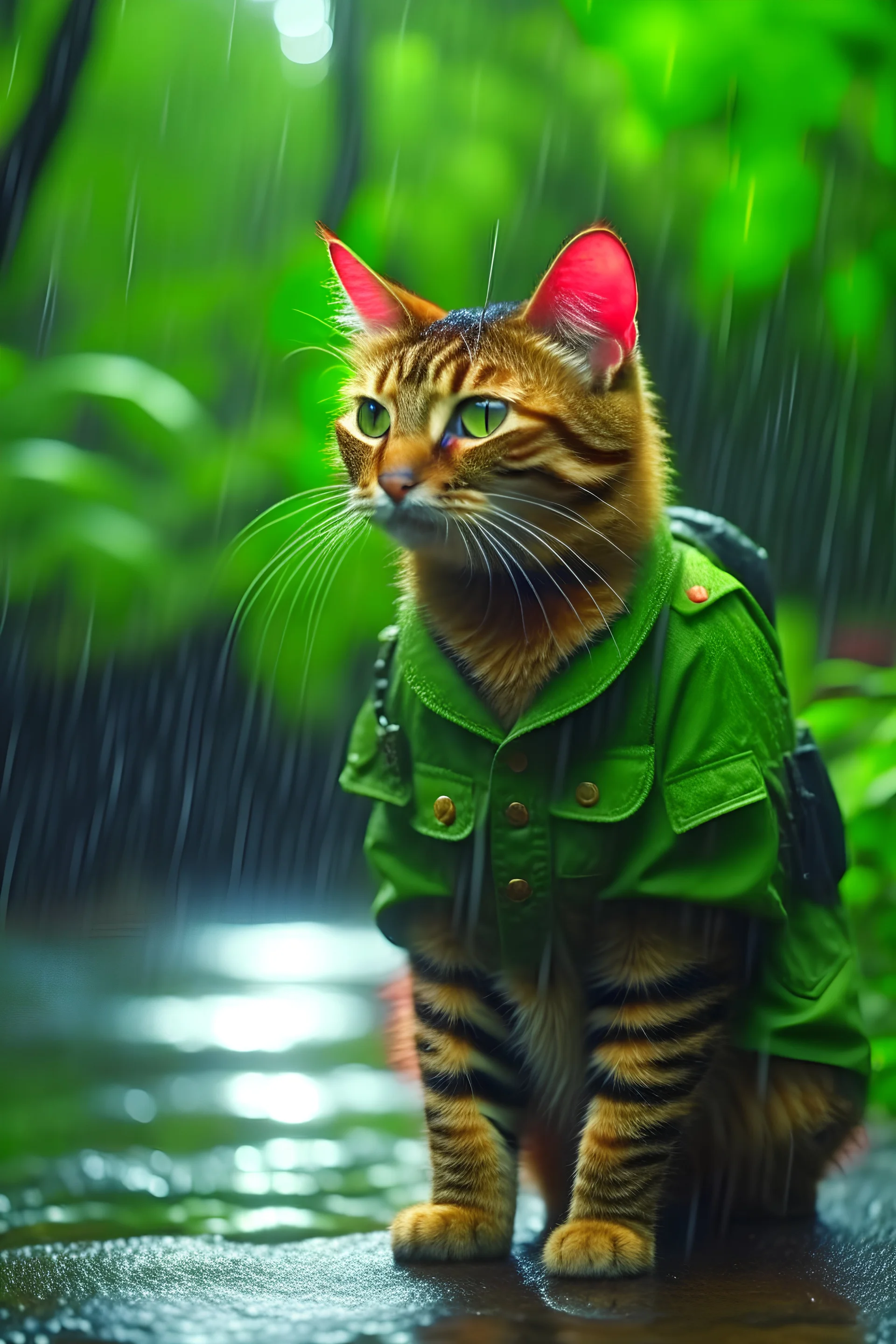 red cat dressed in military uniform of Vietnam war times with weapons in the rain in the jungle. photorealism. 4k. high detail.