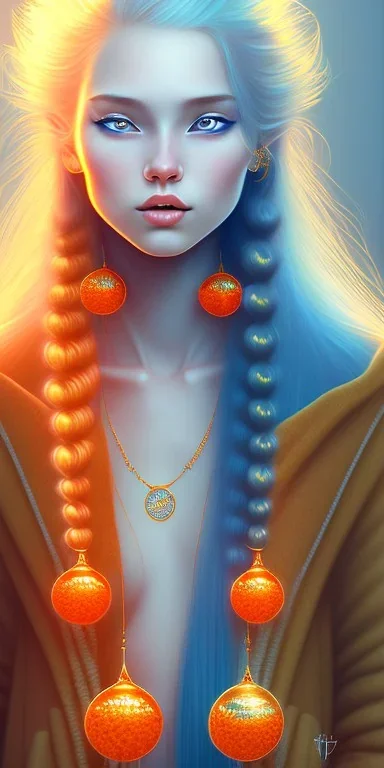 human kingfisher girl with long blue hair and orange strand of hair wearing a blue winter coat and a gold necklace