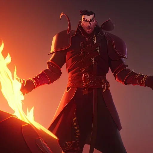 A full body image of a king, dark hair with red armor, surrounded by flames and fire