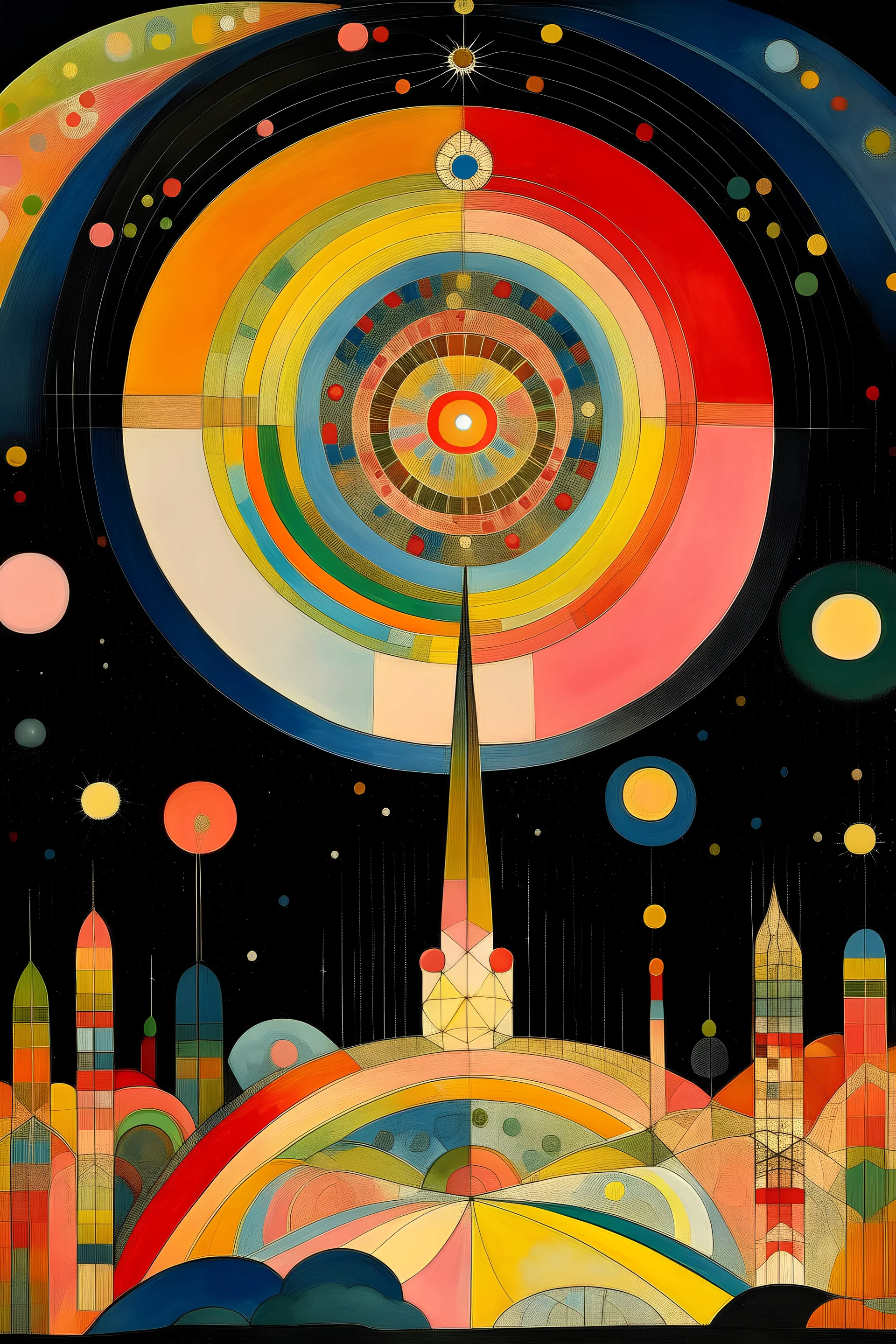 ciudad sagrada bajo un cielo de estrellas cosmicas, muy iluminada plano difuso seres estelares la custodian estilo Hilma af Klint