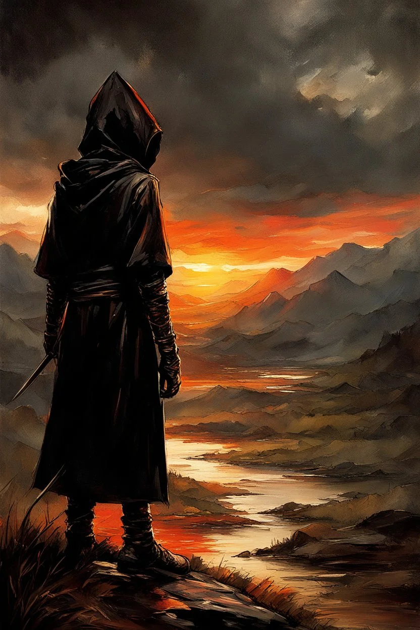 A formidable warrior-a 10-year-old boy in a black robe with a hood, on the background Amazing gloomy landscape, flooded with sunset, mountains, trees, fabulous scary hero, , juicy emotions, painting, dark fantasy, bad weather, gloomy day, dark world, by Raymond Swanland & Alyssa Monks & Anna Razumovskaya & James Paick