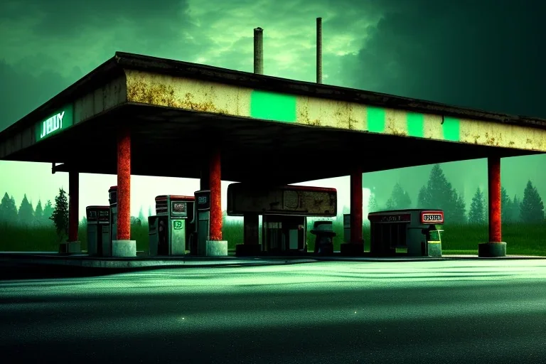 old gas station,rundown, roadside ,road texture, atmospheric ,night lighting,rainy, realistic, unity engine, cinematic lighting,green emession, octane render.