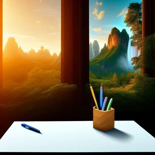 desk, parquet, sheet of paper, little pen, in front of a huge picture window with large view on a waterfall with warm light, sunset ,pixar style, panorama, nature, globe, HD, Hallelujah mountains