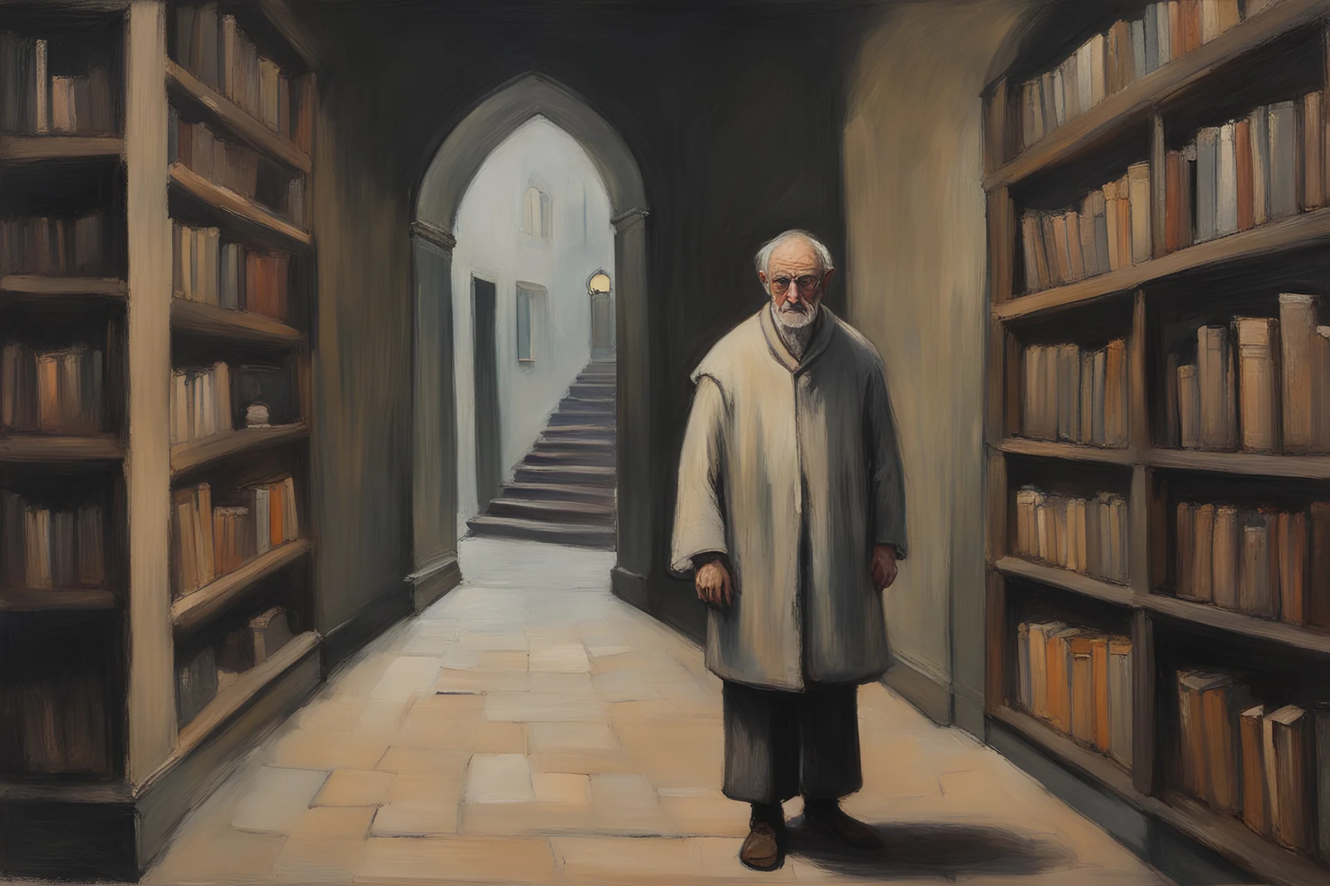 Euan Uglow-Norman Cornish oil painting, Otherworldly, Sean Connery medieval monk looks around in the dark lobby bookshelves stairs library night stone lobby, at the camera at half height, pastel color puffy and wool textures fashion, Cinematic lighting, Volumetric lighting, Epic composition, Photorealism, Very high detail, Bokeh blur, Hasselbland, ISO1900, Simon Stalenhag Art