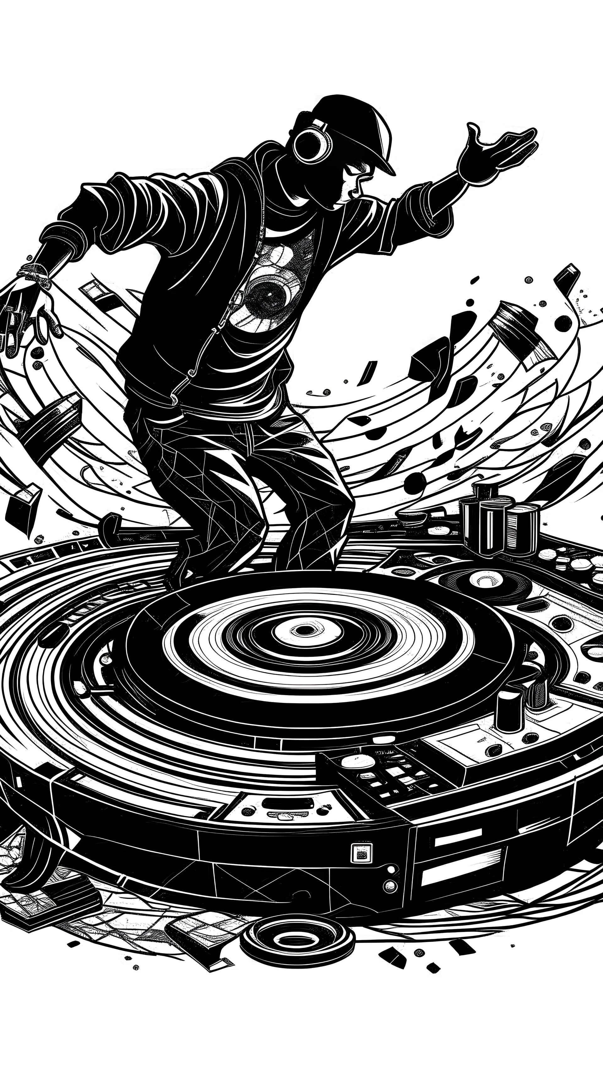 a dj on his turntable, graphic art style, appears in black and white with his body broken up into a thousand pieces on a white background