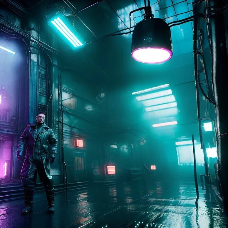 Actor, tom hardy, blade runner style, rain, fog, neon ambient, gradient color, clean skin, circuits, latex coat, cyber punk, neon, tubes, portrait, studio photo, unreal engine 5, smooth color, 16 bit, god lights, ray tracing, RTX, lumen lighting, ultra deatail, volumetric lighting, 3d, finely drawn, hd.