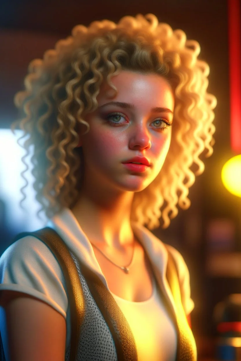 casino, a cute curly blonde female chat robot that stares at us like we are the prettiest demons she has ever seen, its such a perfect day, motion blur, smoke, 8k, downlight, soft light, depth of field, photorealism, trending on art station, lotsa detail