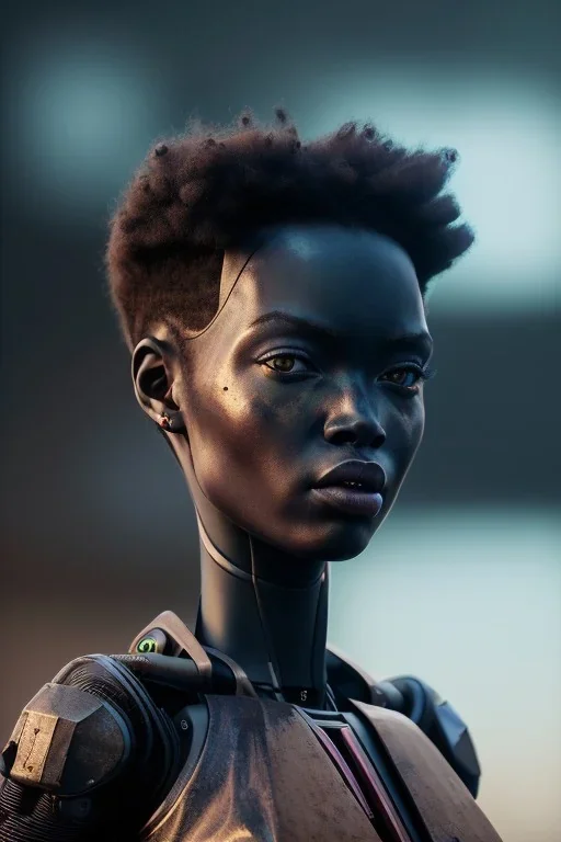 Beautiful portrait of african robot girl post-apocalypse robots in a cyberpunk city, sci-fi fantasy style, 8k,dark