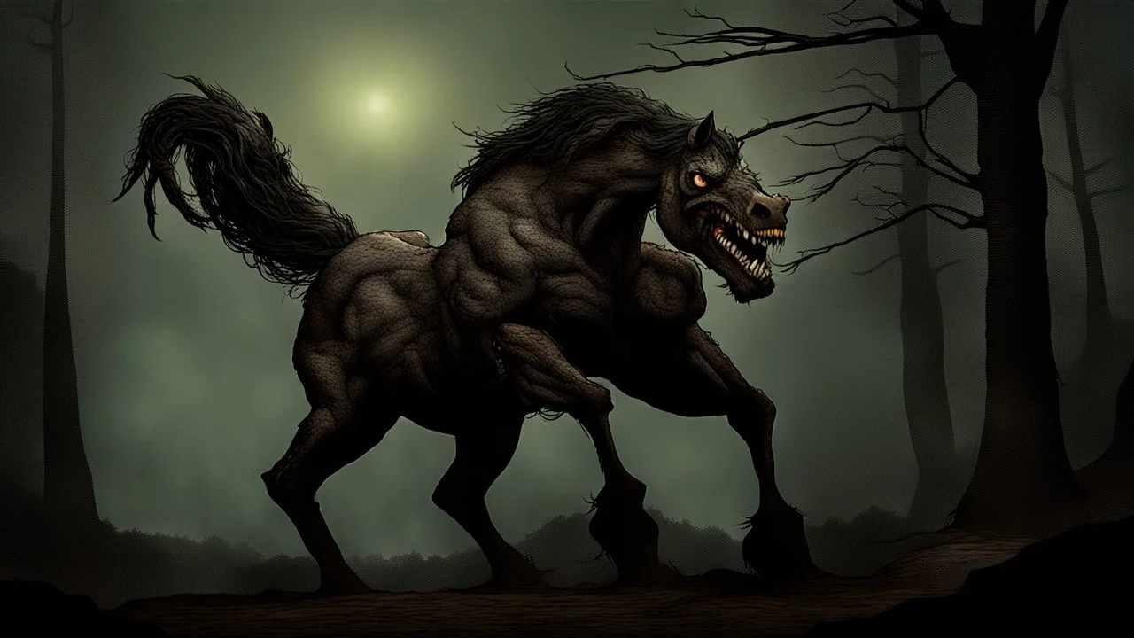 monster horse with claws and fangs in woodland