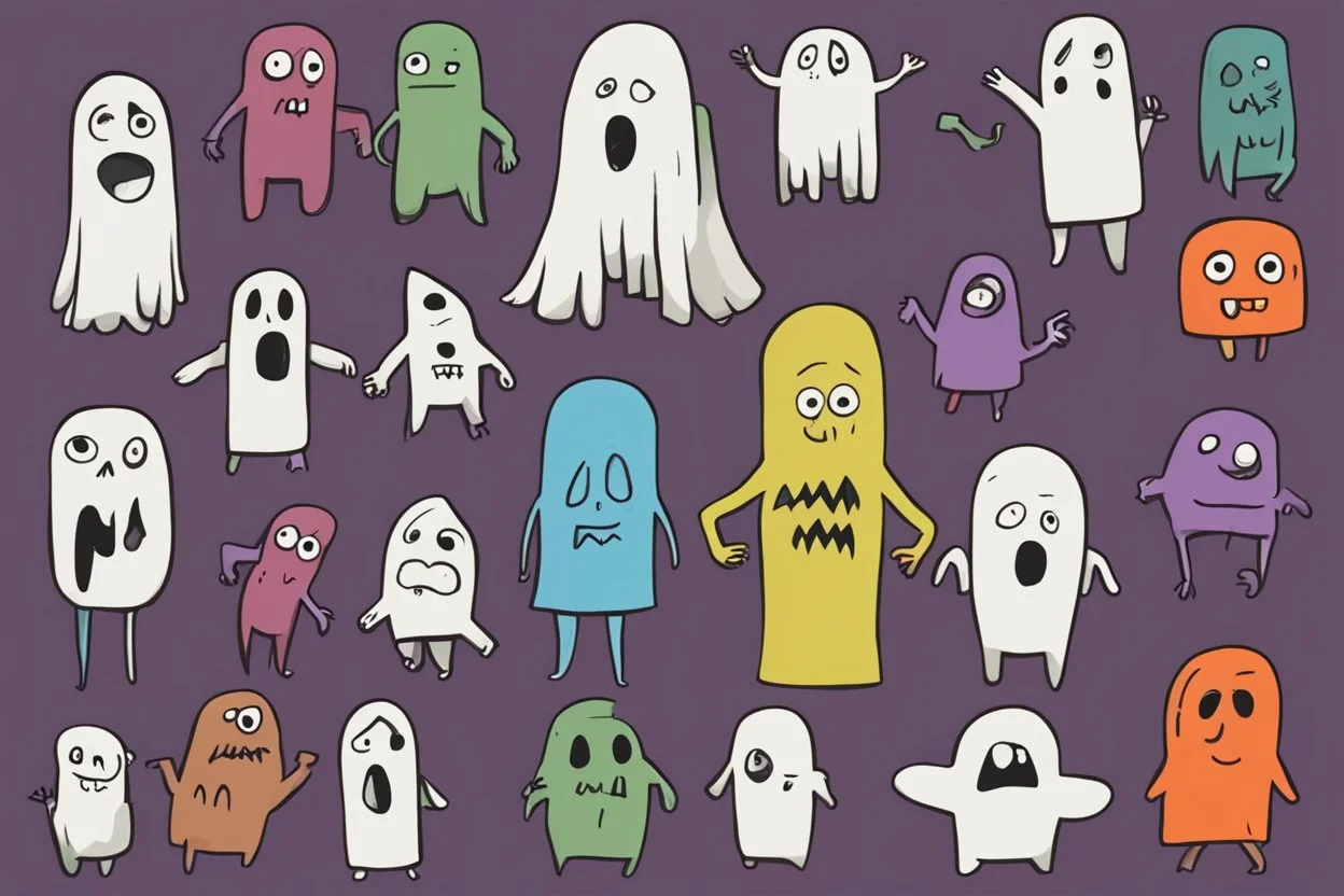 make a bunch of simple hand-drawn spooky and cute cartoon characters with bodies arms, and legs I could draw and make them all different