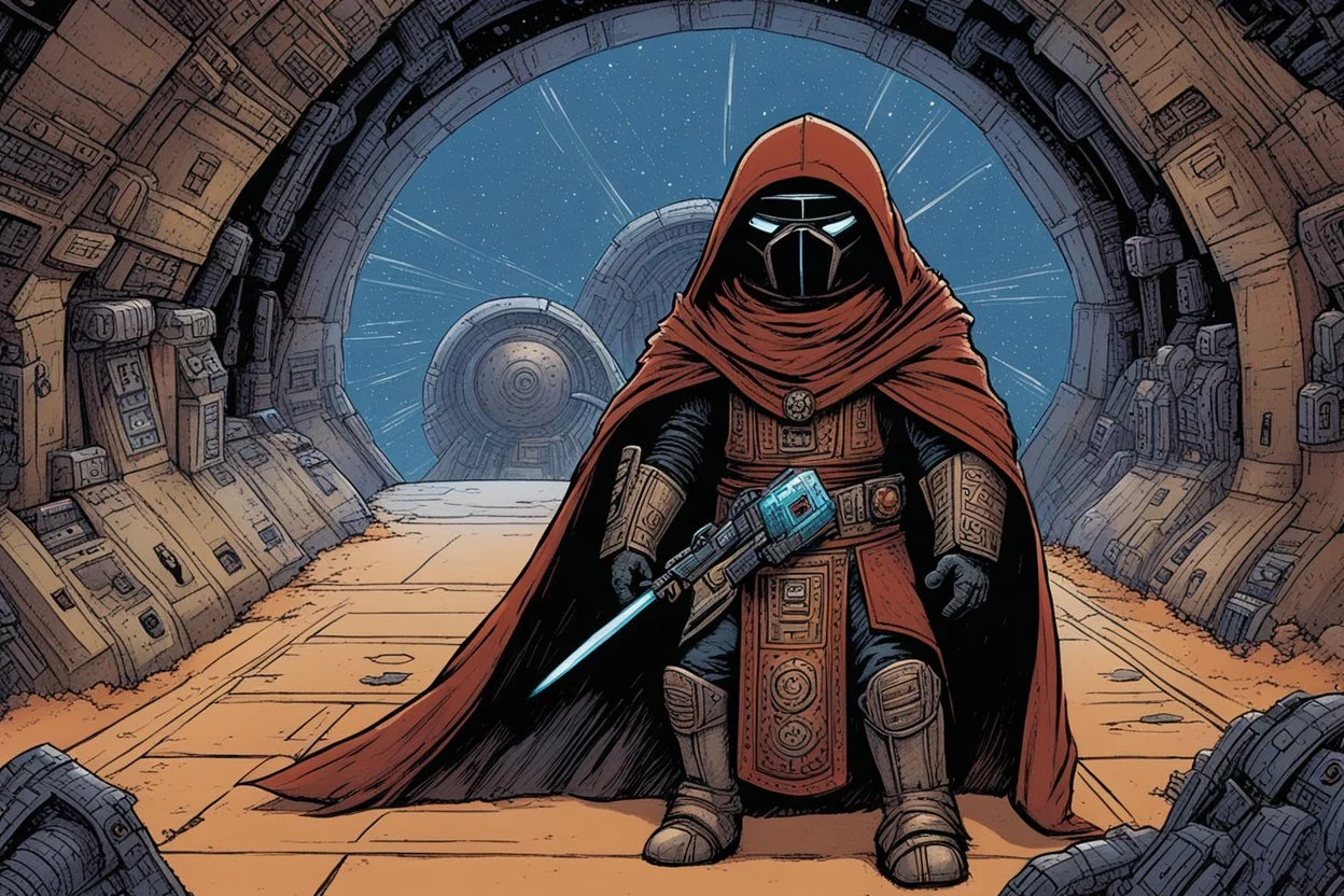 [illustration by Kevin Eastman and Peter Laird] at the entrance of a gigantic spaceship one Jawa warrior supercharged with weapon warfare, she is covered by a vivid microchip armour in linen boarding for a long galactic adventure (Retrofuturism is a whimsical collision of past and future—a design philosophy that resurrects the utopian tech fantasies of bygone eras (think 1920s–1970s) and splashes them across sci-fi landscapes. )