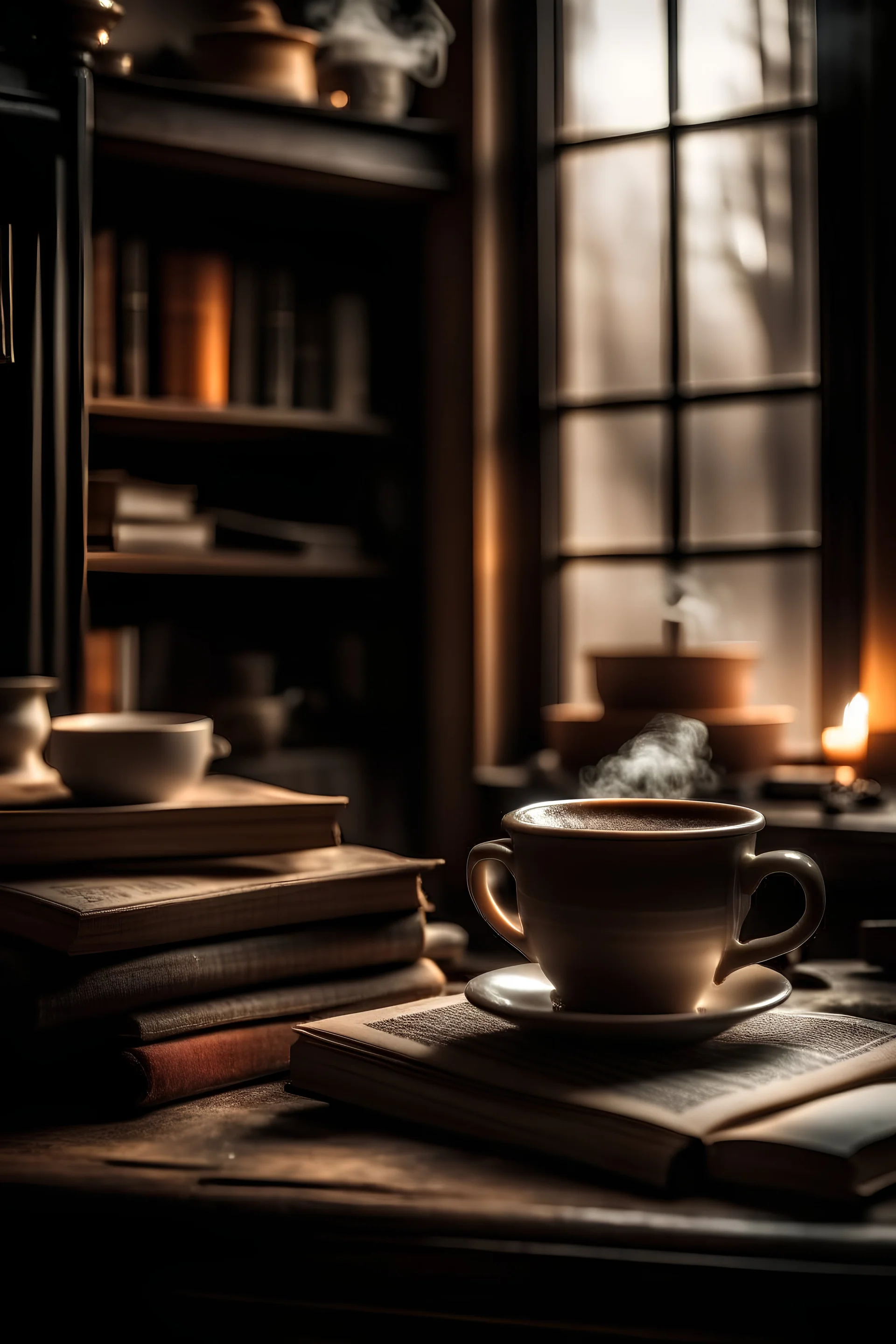 café en una atmósfera invernal con tonos en marrón, cálidos, con libros, con humo que salga del pocillo