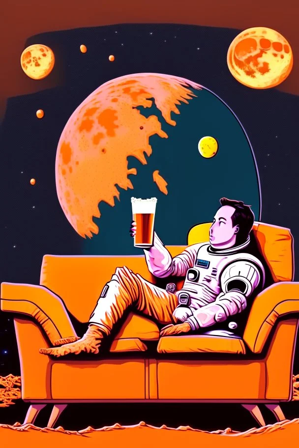 simple digital art scene, Elon musk sitting on the moon on an orange couch, beer in hand ,eating popcorn, looking unamused at planet earth,. selective colours