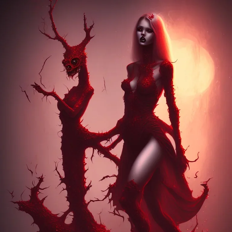 young lady walk in hell with blood face